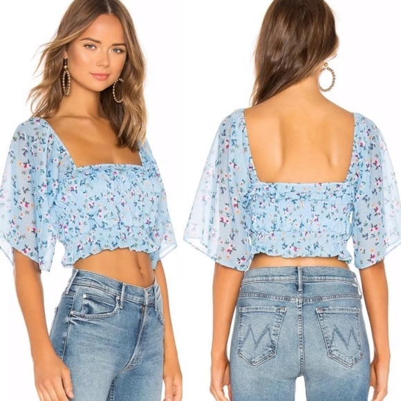 Tularosa Revolve Floral Crop Top Rosie Blouse XS Blue Sheer Sleeve Smocked Shirt - Picture 1 of 10